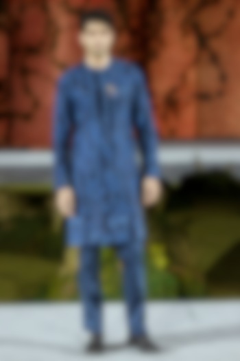 Navy Blue Chanderi Kurta Set by Mishru Men at Pernia's Pop Up Shop