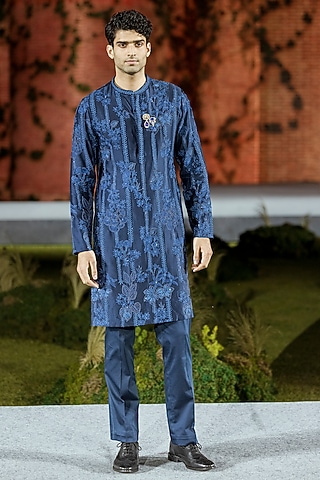 Navy Blue Chanderi Kurta Set by Mishru Men