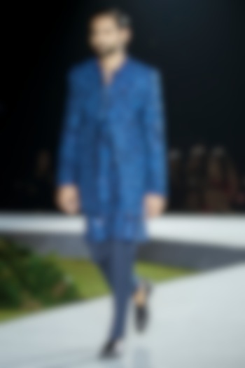 Navy Blue Pure Raw Silk Embroidered Open Groom Sherwani Set by Mishru Men at Pernia's Pop Up Shop