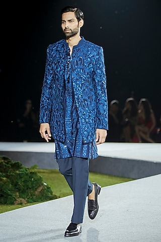 Navy Blue Pure Raw Silk Embroidered Open Sherwani Set by Mishru Men