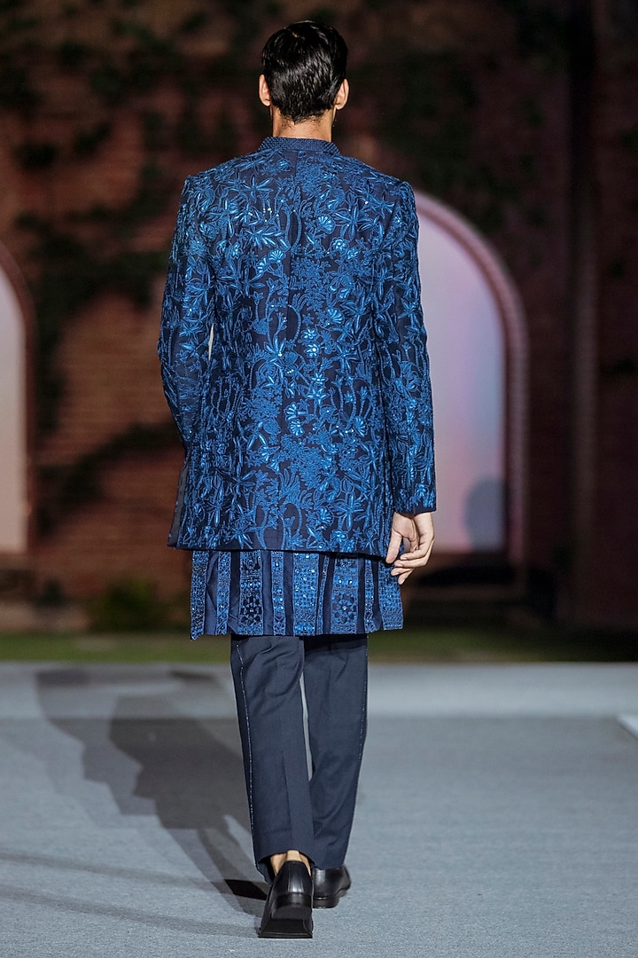 Navy Blue Pure Raw Silk Embroidered Open Groom Sherwani Set by Mishru Men at Pernia's Pop Up Shop