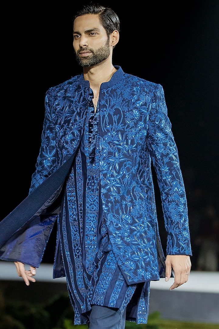 Navy Blue Pure Raw Silk Embroidered Open Groom Sherwani Set by Mishru Men at Pernia's Pop Up Shop
