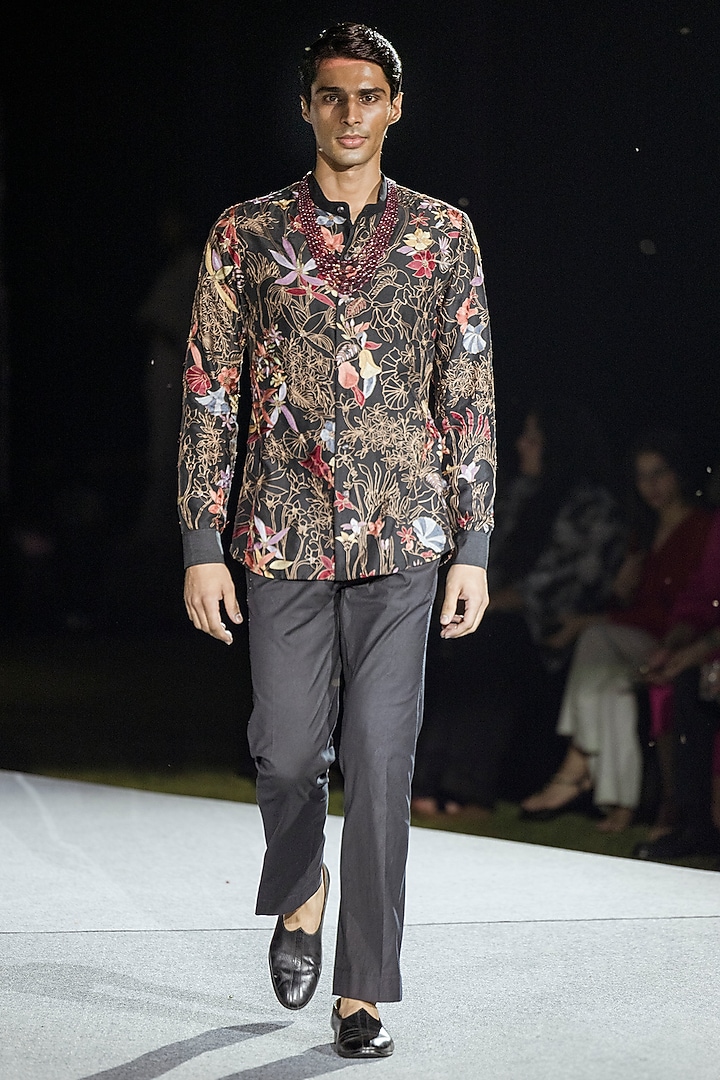 Black  Pure Silk Co-Ord Set by Mishru Men at Pernia's Pop Up Shop