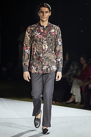 Black  Pure Silk Co-Ord Set by Mishru Men