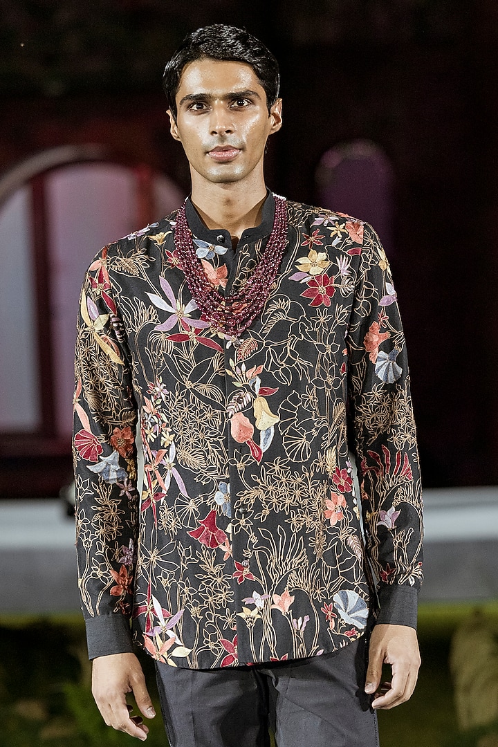 Black Pure Silk Co-Ord Set by Mishru Men at Pernia's Pop Up Shop