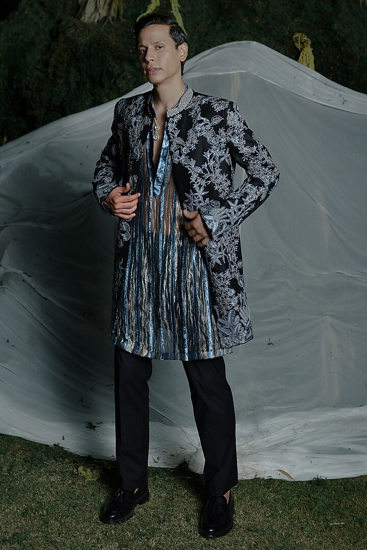 Black Dupion Embroidered Open Groom Sherwani Set by Mishru Men at Pernia's Pop Up Shop
