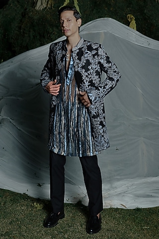 Black Dupion Embroidered Open Sherwani Set by Mishru Men