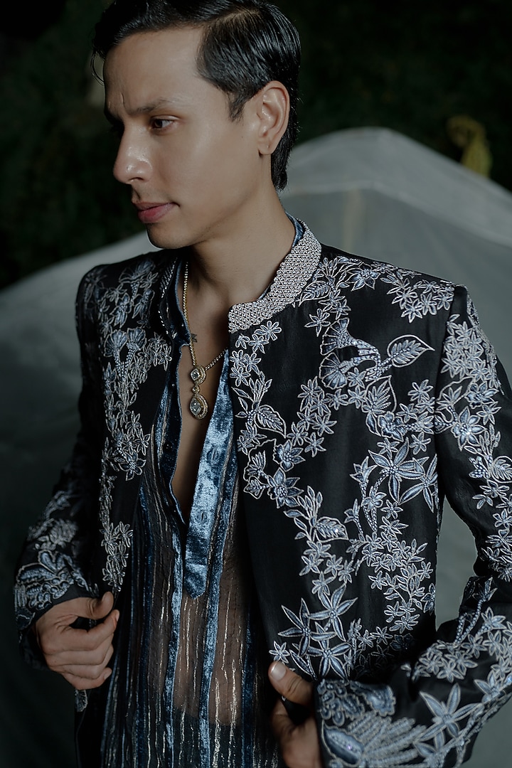 Black Dupion Embroidered Open Groom Sherwani Set by Mishru Men at Pernia's Pop Up Shop