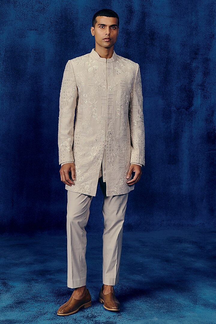 Champagne Dupion Embroidered Groom Sherwani Set by Mishru Men at Pernia's Pop Up Shop