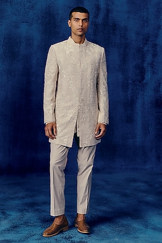  Champagne Dupion Embroidered Sherwani Set  by Mishru Men