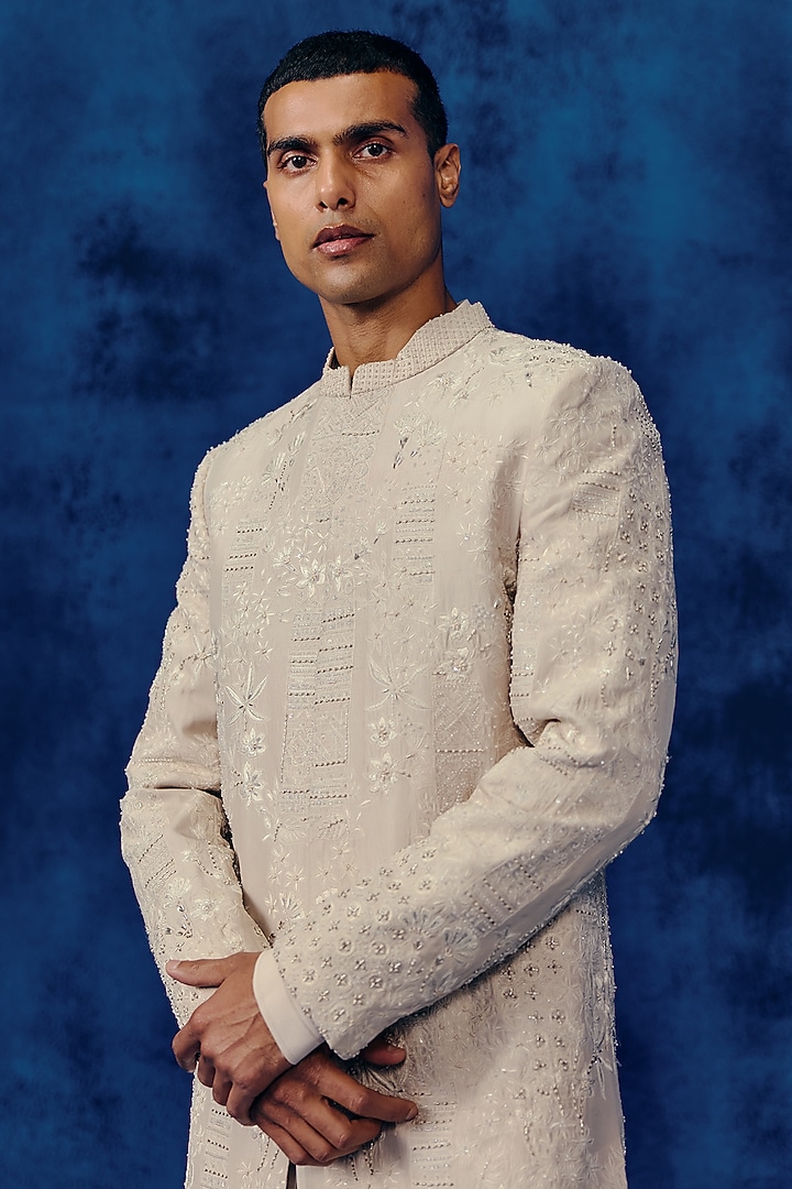 Champagne Dupion Embroidered Groom Sherwani Set by Mishru Men at Pernia's Pop Up Shop