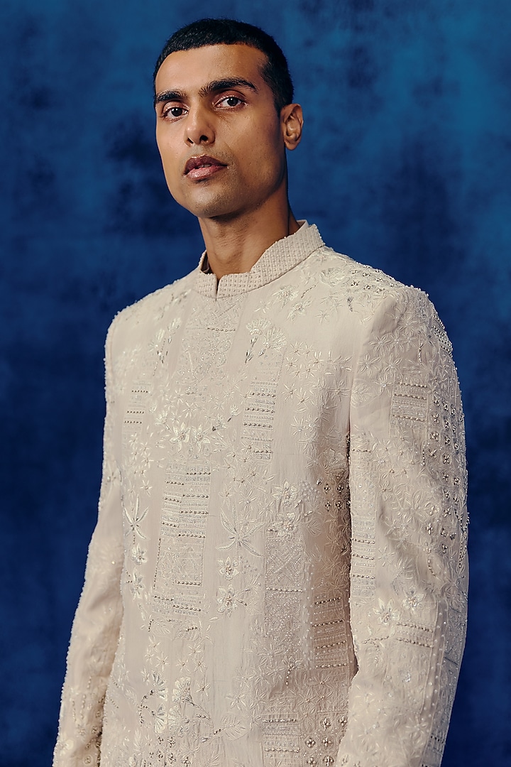 Champagne Dupion Embroidered Groom Sherwani Set by Mishru Men at Pernia's Pop Up Shop