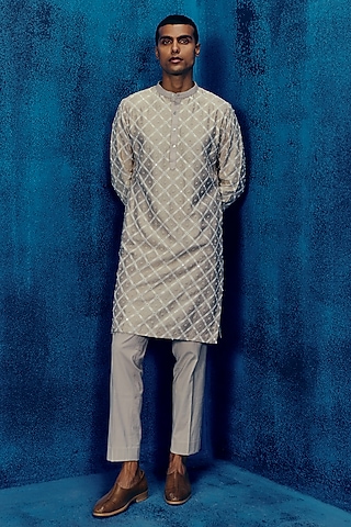 Champagne Chanderi Embroidered Kurta Set by Mishru Men