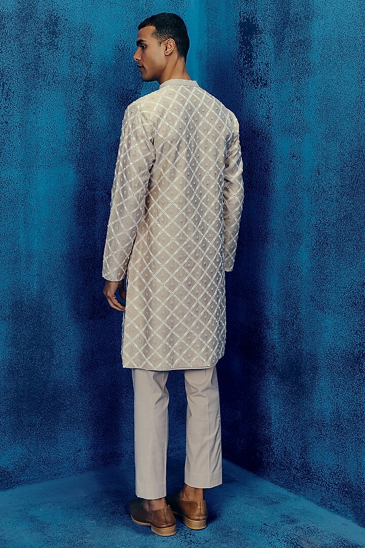 Champagne Chanderi Embroidered Kurta Set by Mishru Men at Pernia's Pop Up Shop