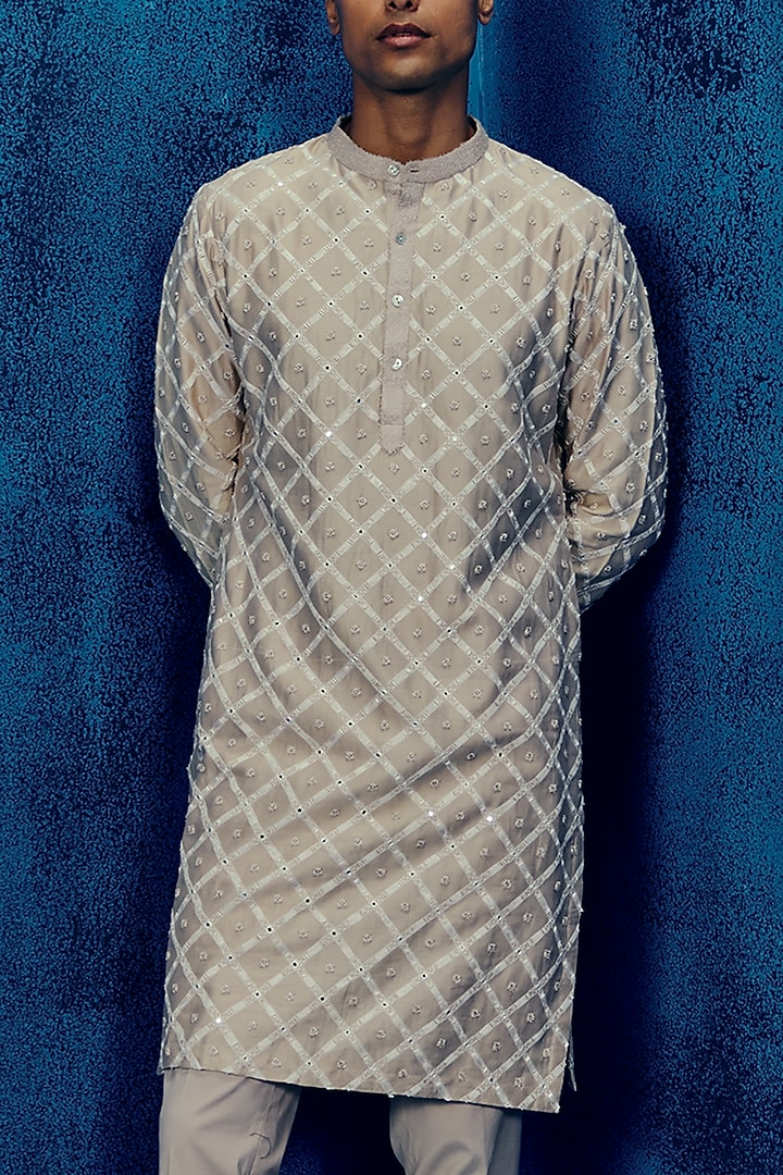 Champagne Chanderi Embroidered Kurta Set by Mishru Men at Pernia's Pop Up Shop