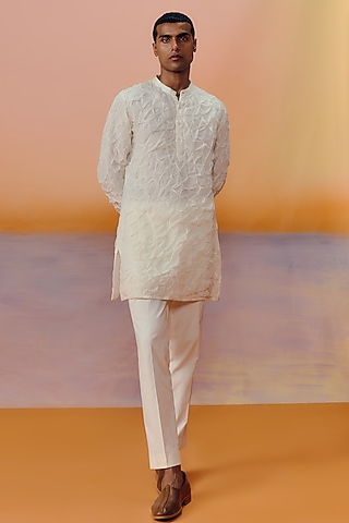 Ivory Organza Smocking Kurta Set by Mishru Men