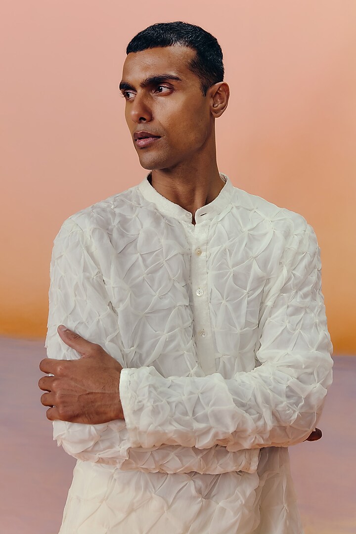 Ivory Organza Smocking Kurta Set by Mishru Men at Pernia's Pop Up Shop