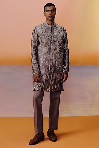 Rose Brown Dupion Embroidered Bundi Jacket Set by Mishru Men