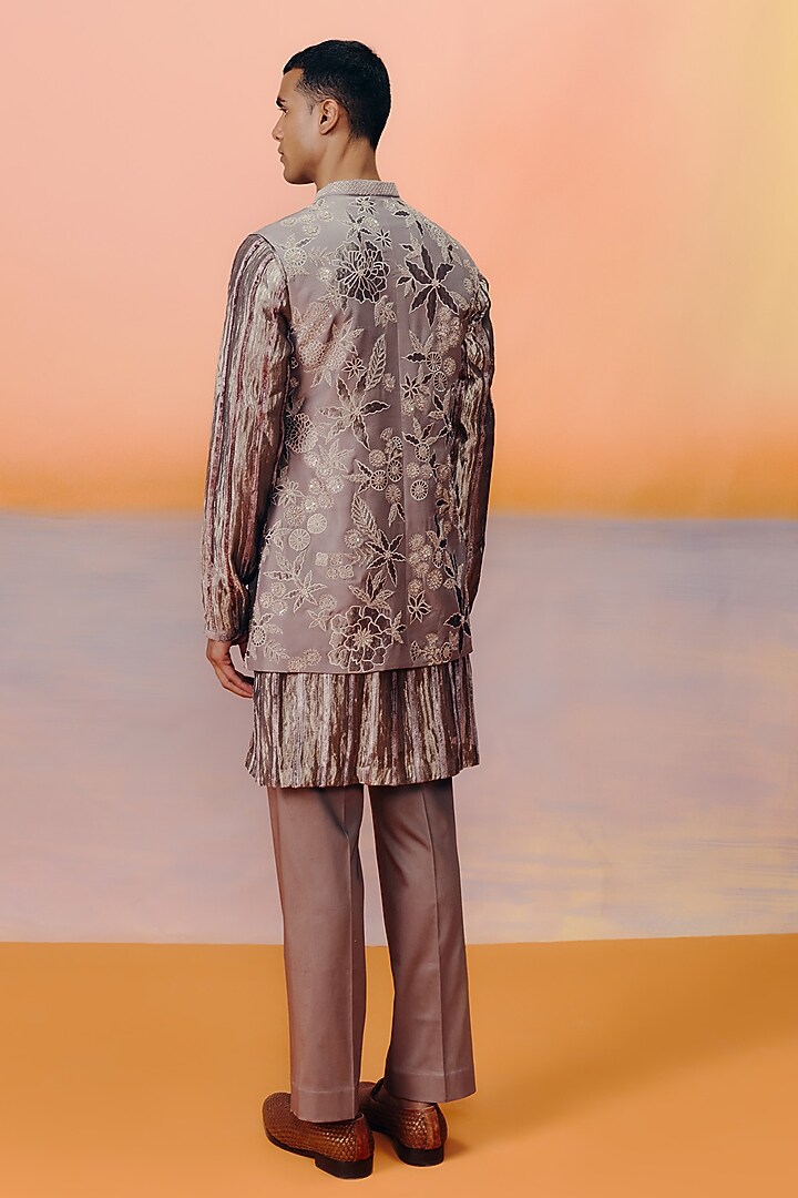 Rose Brown Dupion Embroidered Bundi Jacket Set by Mishru Men at Pernia's Pop Up Shop