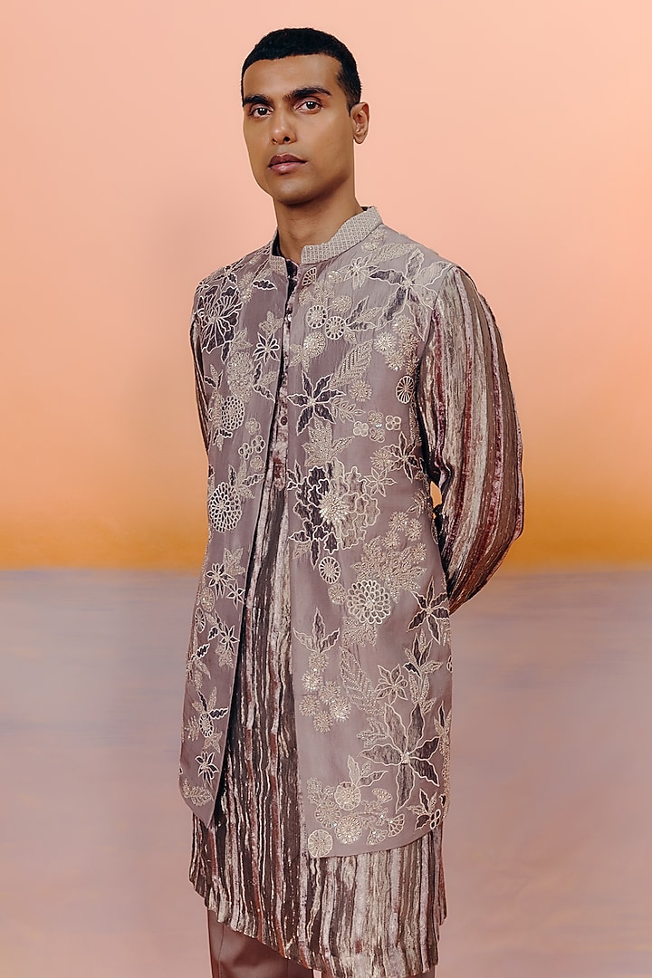 Rose Brown Dupion Embroidered Bundi Jacket Set by Mishru Men at Pernia's Pop Up Shop