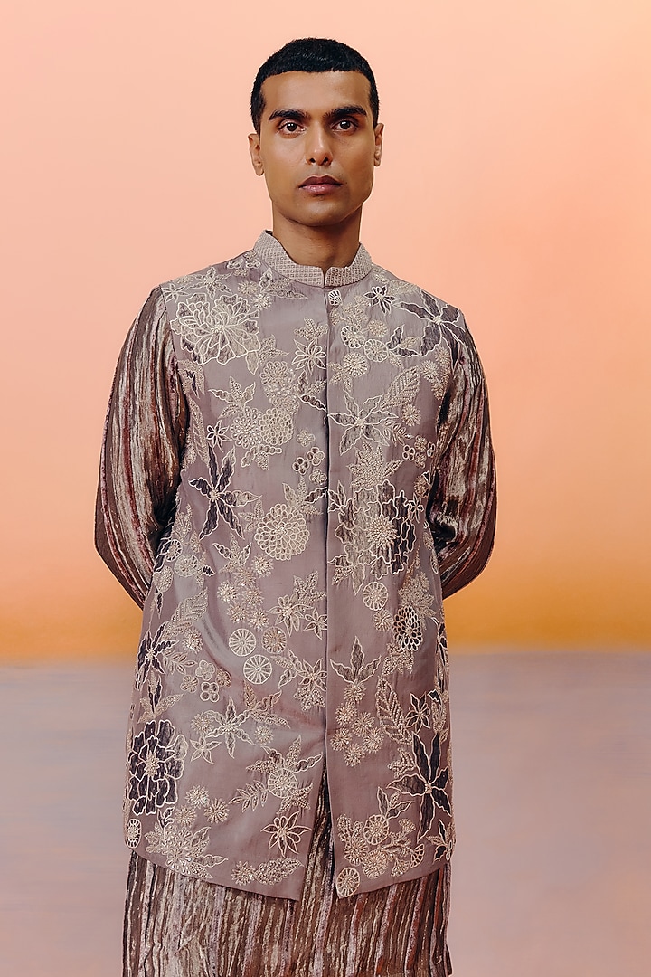 Rose Brown Dupion Embroidered Bundi Jacket Set by Mishru Men at Pernia's Pop Up Shop