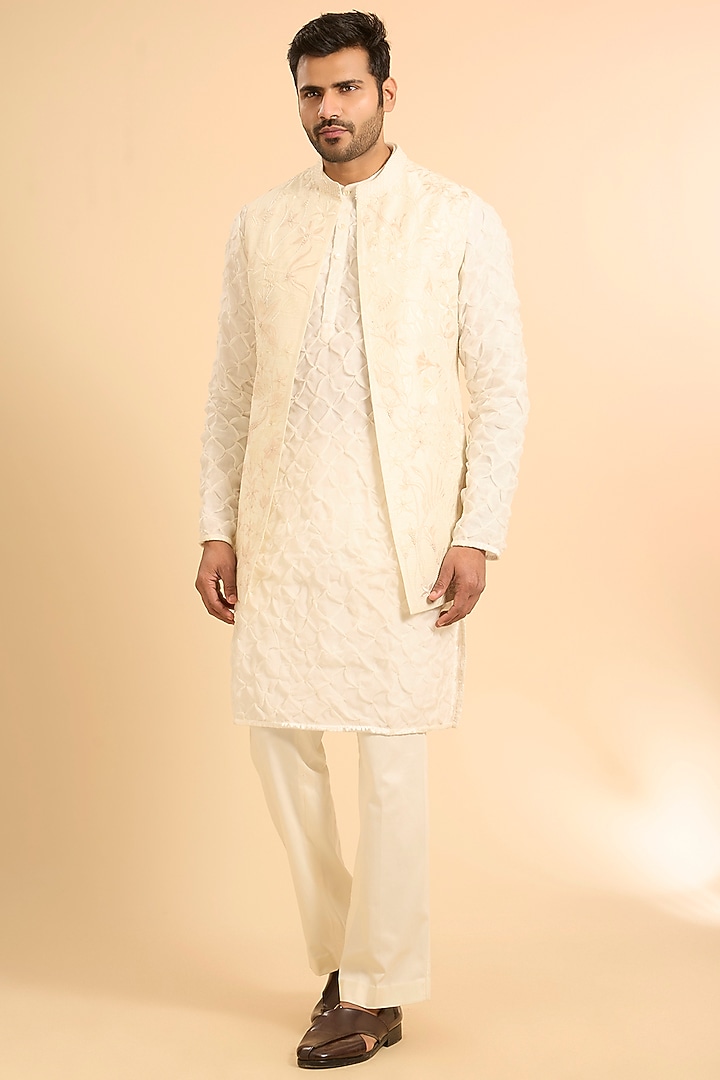Ivory Pure Raw Silk Bundi Jacket Set by Mishru Men at Pernia's Pop Up Shop