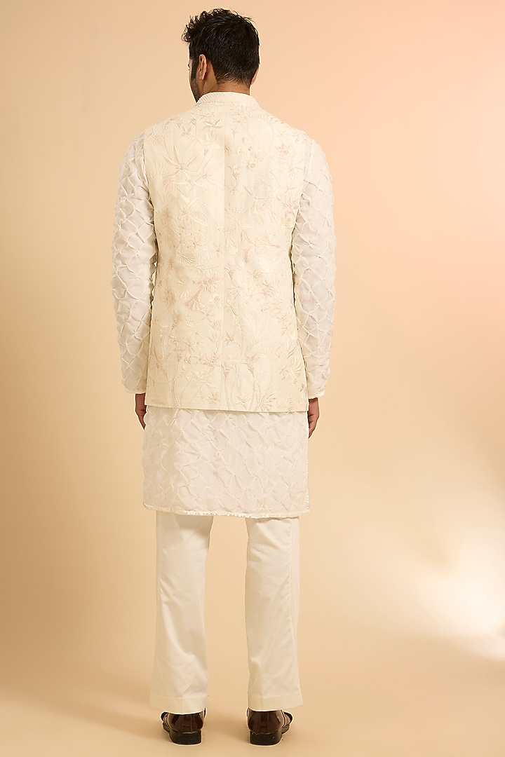 Ivory Pure Raw Silk Bundi Jacket Set by Mishru Men at Pernia's Pop Up Shop