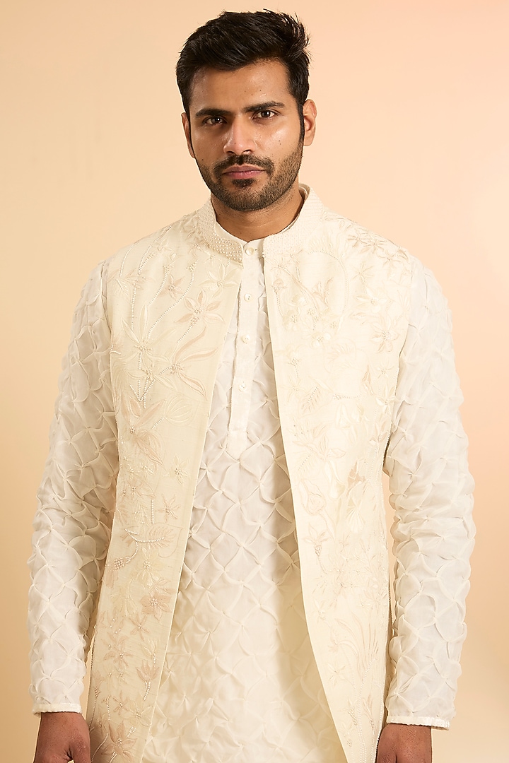 Ivory Pure Raw Silk Bundi Jacket Set by Mishru Men at Pernia's Pop Up Shop