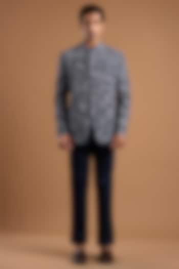 Navy Blue Silk Groom Bandhgala Set by Mishru Men at Pernia's Pop Up Shop