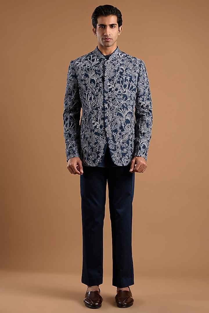 Navy Blue Silk Groom Bandhgala Set by Mishru Men at Pernia's Pop Up Shop