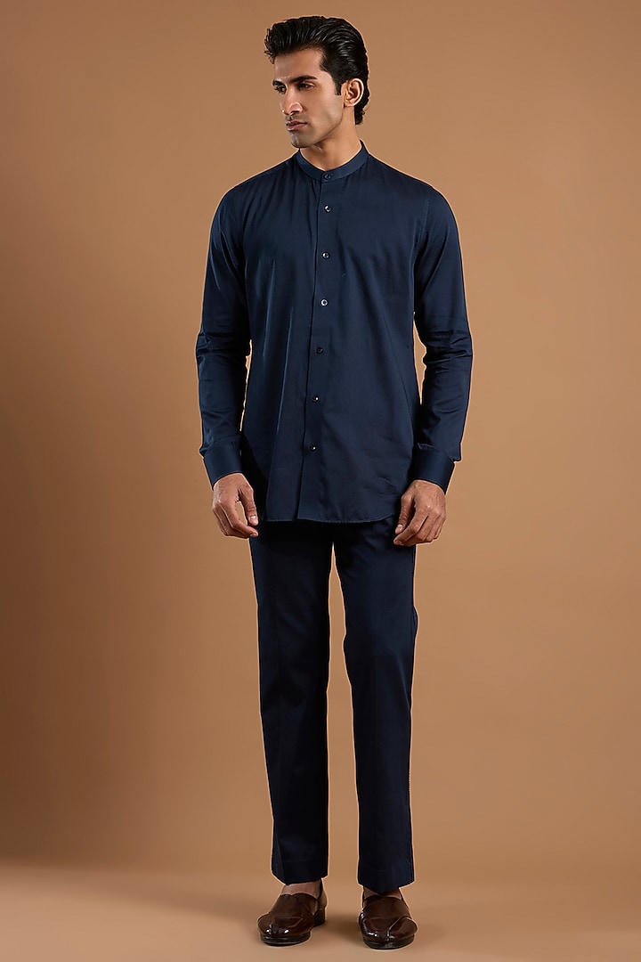 Navy Blue Silk Groom Bandhgala Set by Mishru Men at Pernia's Pop Up Shop