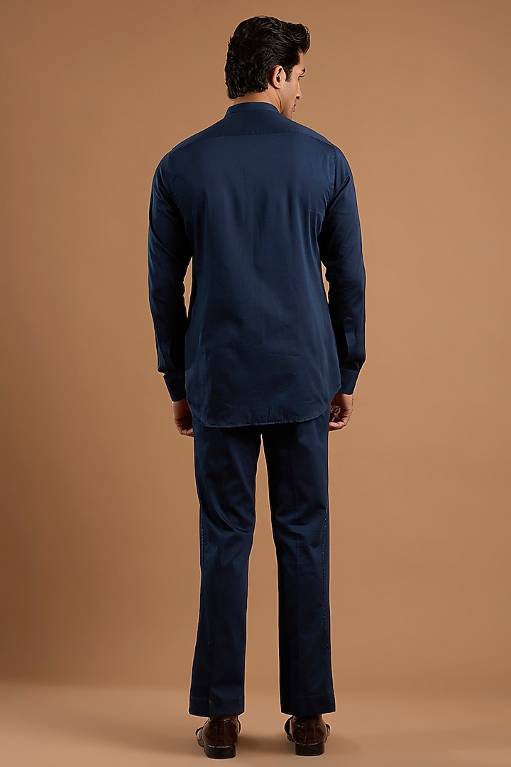 Navy Blue Silk Groom Bandhgala Set by Mishru Men at Pernia's Pop Up Shop