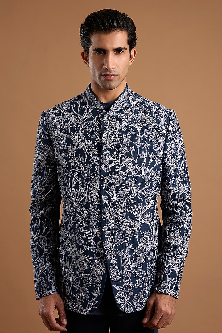 Navy Blue Silk Groom Bandhgala Set by Mishru Men at Pernia's Pop Up Shop