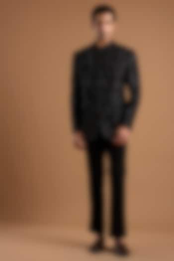 Black Silk Groom Bandhgala Set by Mishru Men at Pernia's Pop Up Shop