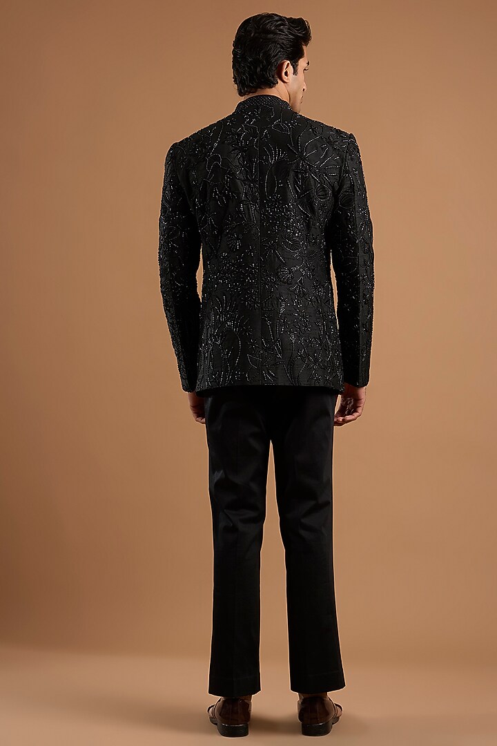 Black Silk Groom Bandhgala Set by Mishru Men at Pernia's Pop Up Shop