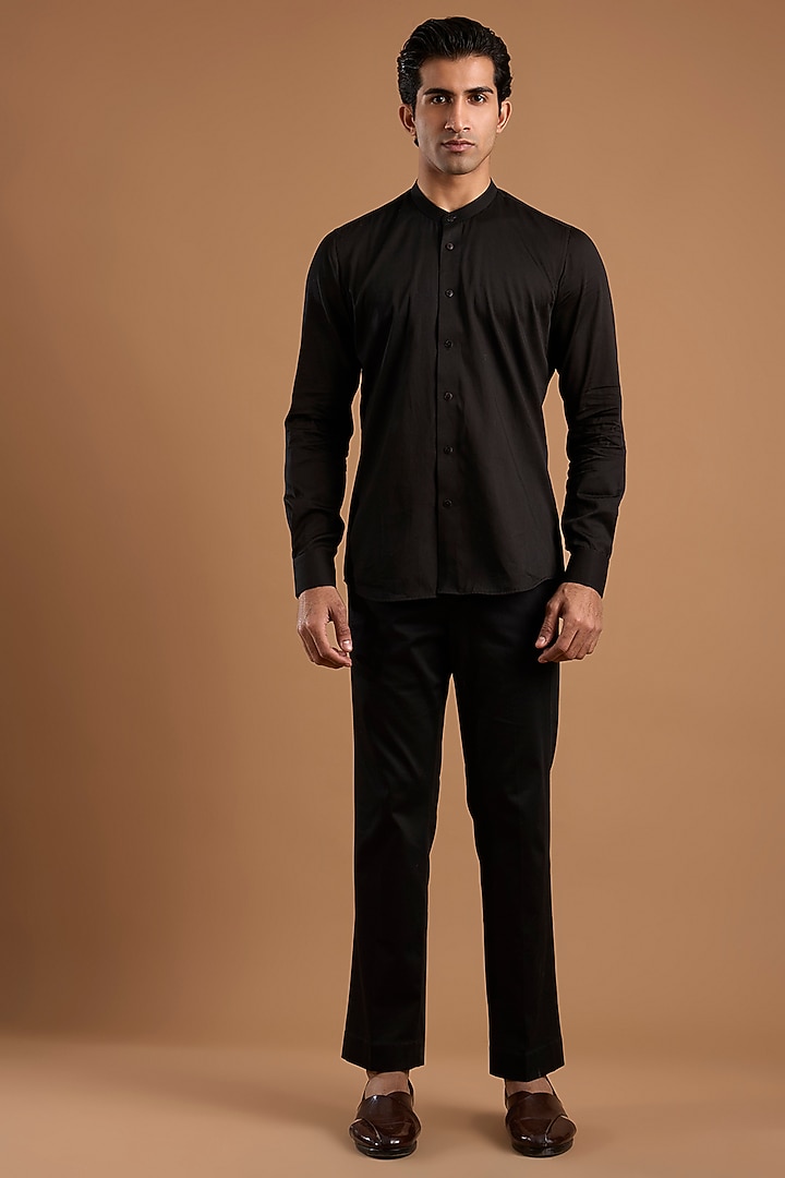 Black Silk Groom Bandhgala Set by Mishru Men at Pernia's Pop Up Shop