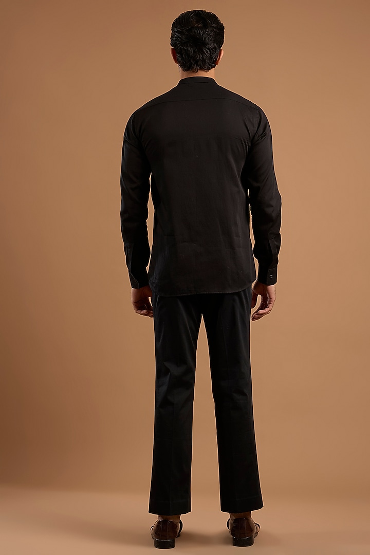 Black Silk Groom Bandhgala Set by Mishru Men at Pernia's Pop Up Shop