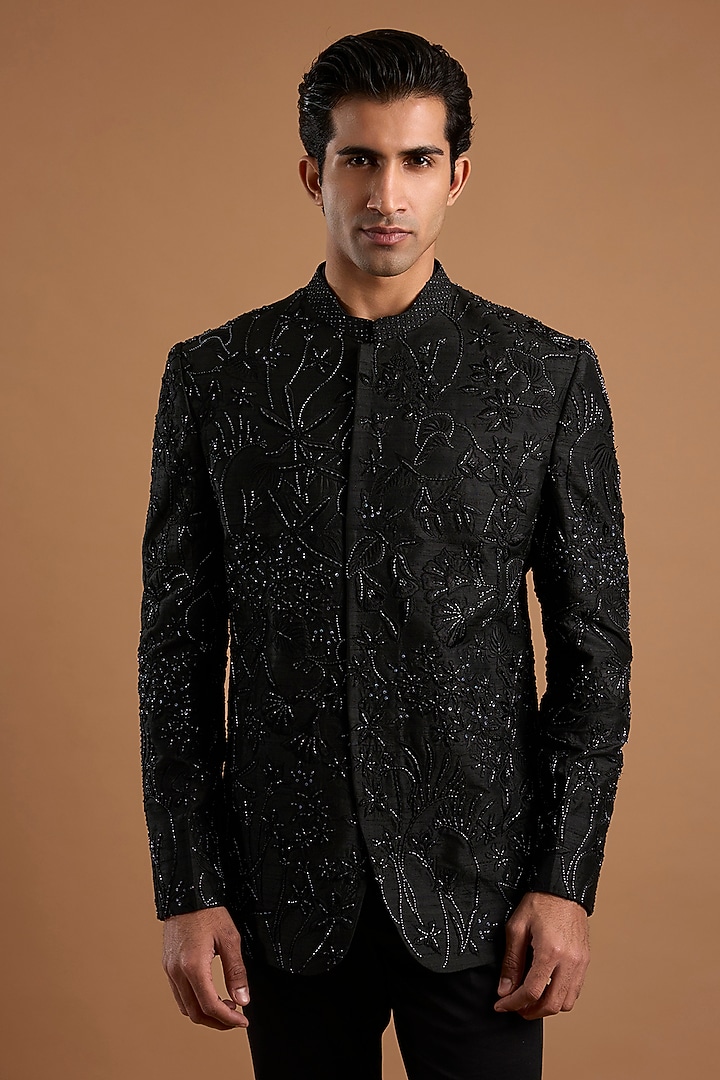 Black Silk Groom Bandhgala Set by Mishru Men at Pernia's Pop Up Shop