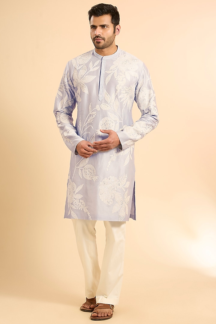 Cloudy Blue Chanderi Embroidered Kurta Set by Mishru Men at Pernia's Pop Up Shop