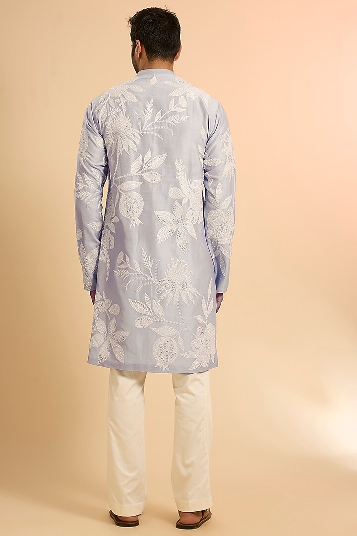 Cloudy Blue Chanderi Embroidered Kurta Set by Mishru Men at Pernia's Pop Up Shop