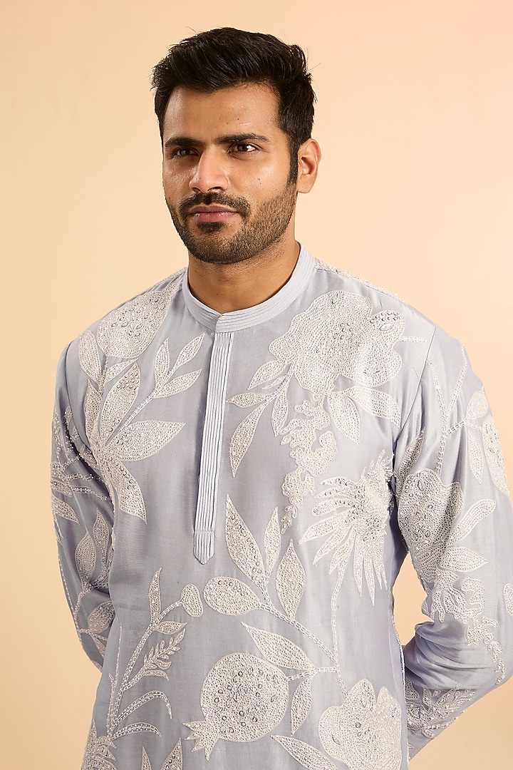 Cloudy Blue Chanderi Embroidered Kurta Set by Mishru Men at Pernia's Pop Up Shop
