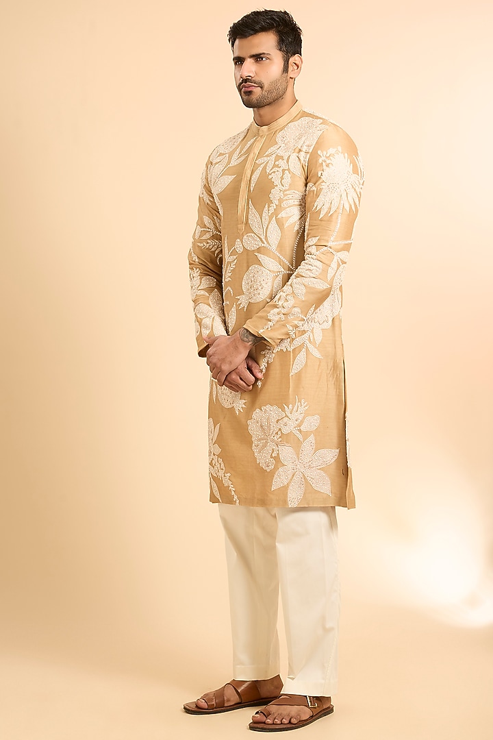 Brown Chanderi Embroidered Kurta Set by Mishru Men at Pernia's Pop Up Shop