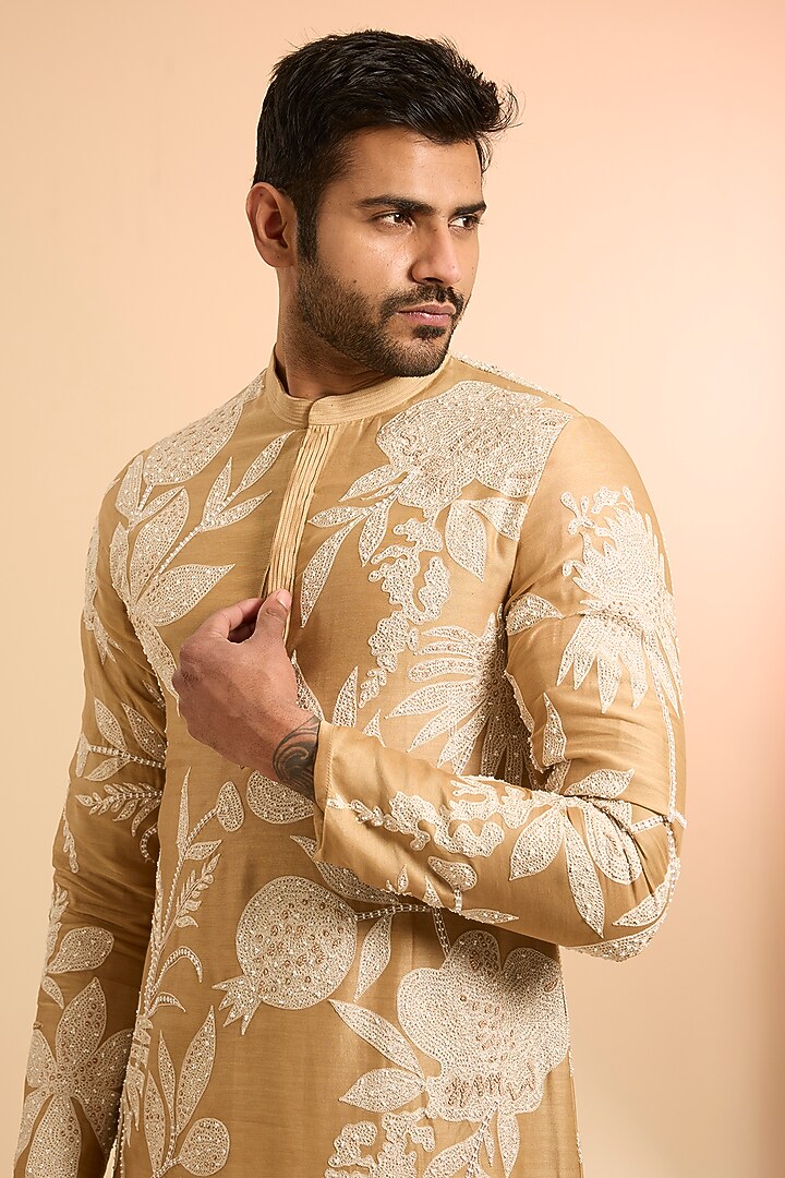 Brown Chanderi Embroidered Kurta Set by Mishru Men at Pernia's Pop Up Shop
