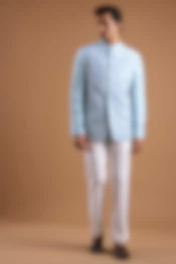 Cloudy Blue Silk Groom Bandhgala Set by Mishru Men at Pernia's Pop Up Shop