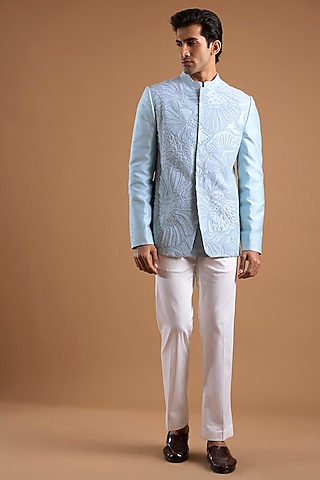Cloudy Blue Silk Bandhgala Set by Mishru Men