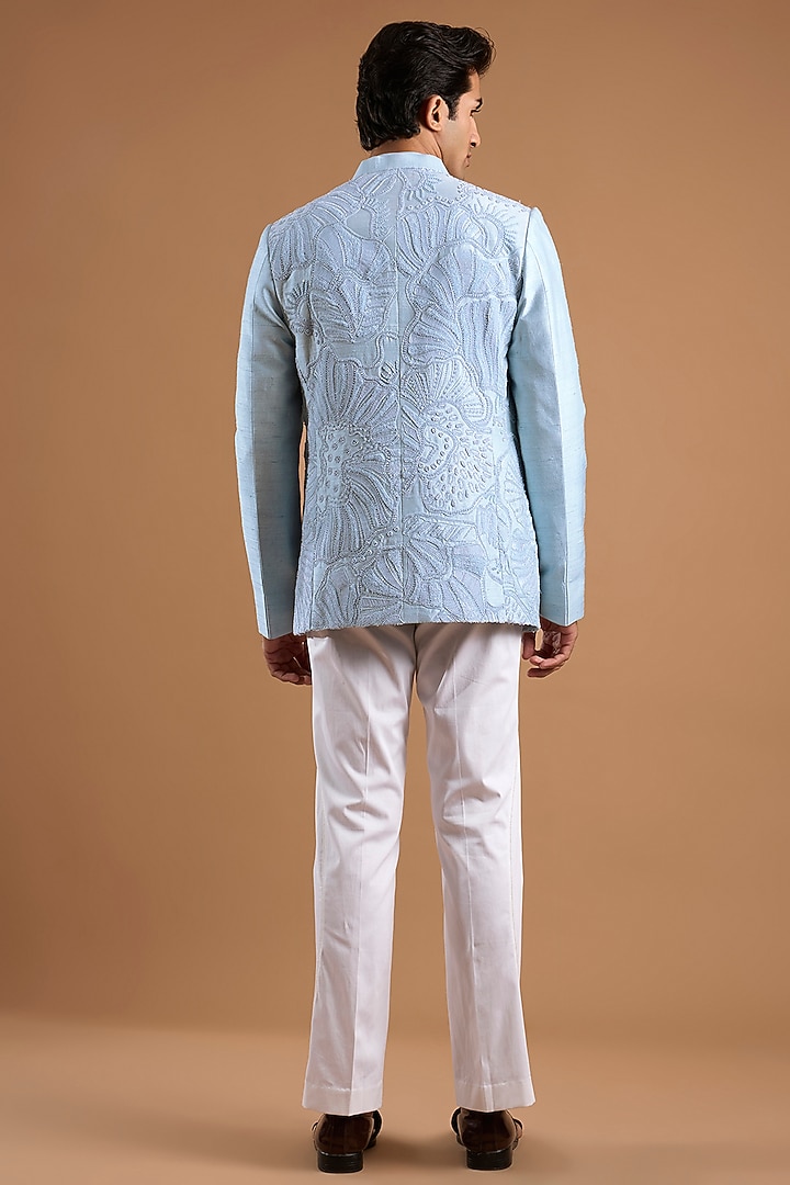 Cloudy Blue Silk Groom Bandhgala Set by Mishru Men at Pernia's Pop Up Shop