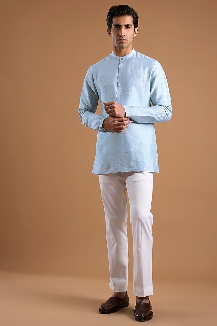 Cloudy Blue Silk Groom Bandhgala Set by Mishru Men at Pernia's Pop Up Shop