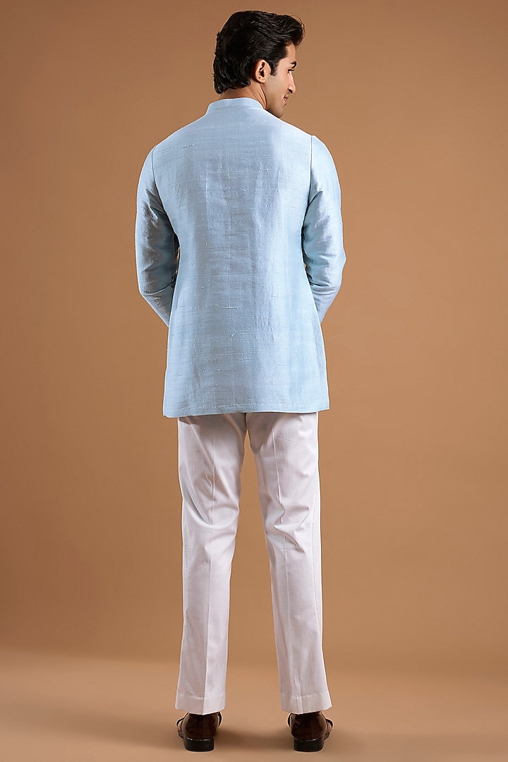 Cloudy Blue Silk Groom Bandhgala Set by Mishru Men at Pernia's Pop Up Shop