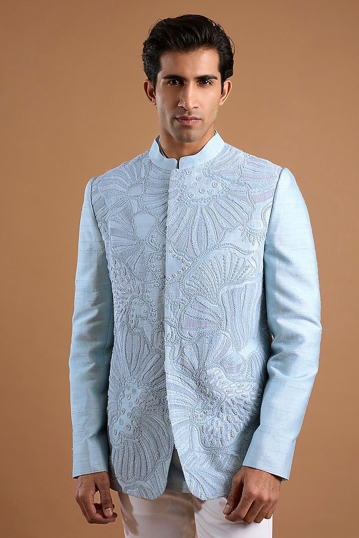 Cloudy Blue Silk Groom Bandhgala Set by Mishru Men at Pernia's Pop Up Shop