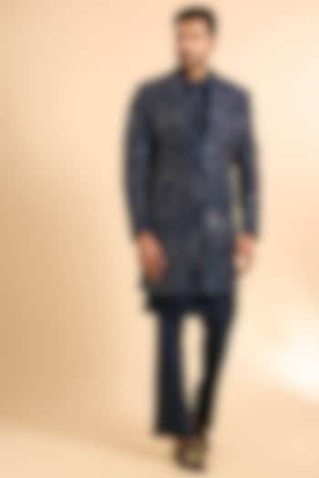 Navy Blue Chanderi Tonal Embroidered Groom Indowestern Set by Mishru Men at Pernia's Pop Up Shop